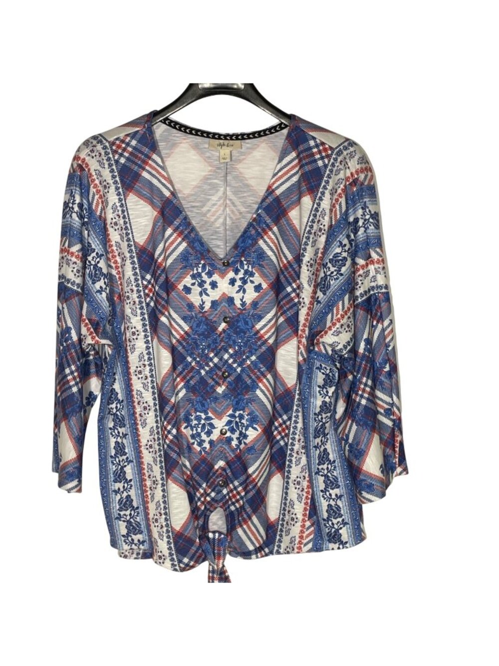 Style & Co Floral Striped Plaid Mixed Print Tie Front Top Sz LG Oversized Dolman